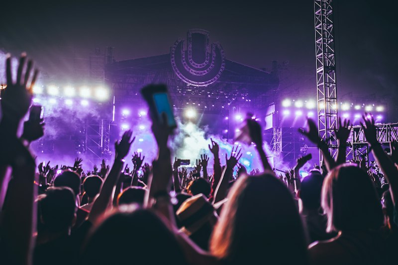 Festival crowd hands up at sunset in Fuchsbau